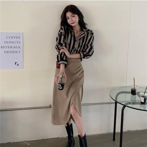 New Girls Summer Blouse Women Suit Shirt Long Sleeves Tops High Waist Long Solid A Line Skirts Two Piece Suits Sell Separately