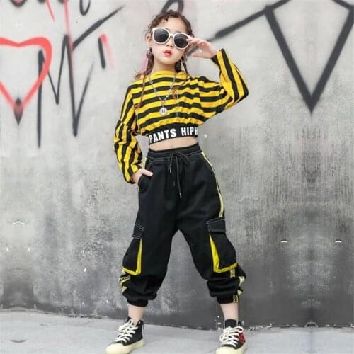 Hip hop Stripe Clothes Girls Sets Stage Costume Street Dance Jazz Performance Tops Sweatshirt Cargo Pants Teens Girls Kids Suits