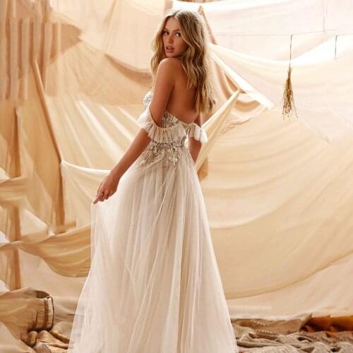 Beach Sexy Wedding Dresses Side Split Off The Shoulder Lace Applique Beaded Bridal Gowns Tulle Light Champagne 2021 Robe Dress