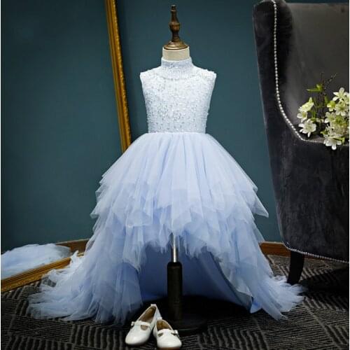 High Low Party Dress 2020 New Style Light Blue Beading Removable Tail perform Evening Dress Kids Clothes E6032