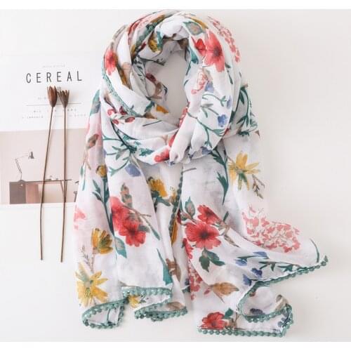 Visrover New Viscose Floral Scarf Lace Tassel Foulard Large Size Hijab Scarfs Summer Spring Scarf For Women Shawl Wrap Wholesale