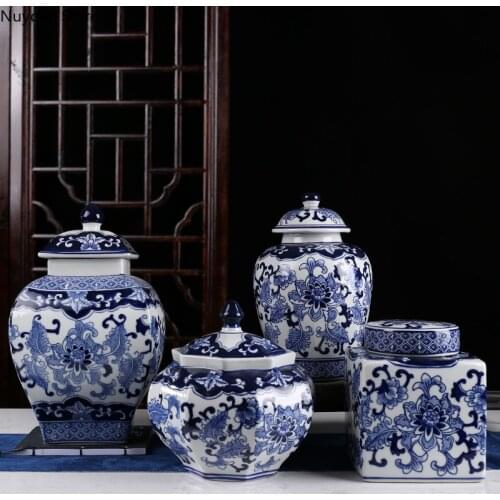 Blue and White Ceramic Storage Tank Home Decoration Tea Caddy Living Room Simulation Flower Arrangement Accessories Crafts