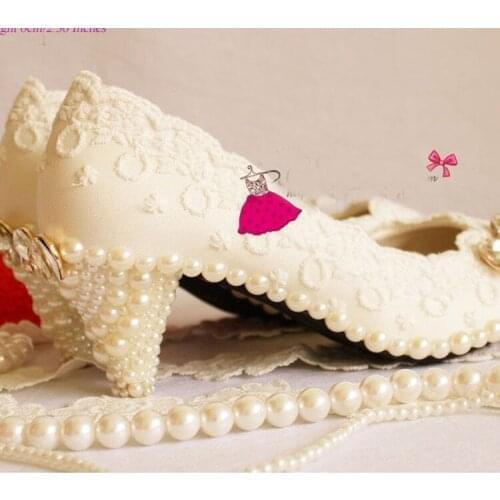 Handmade Lace wedding shoe pearl shoes formal 6cm Middle Heel dress shoe Pearl sparkling diamond White wedding shoes