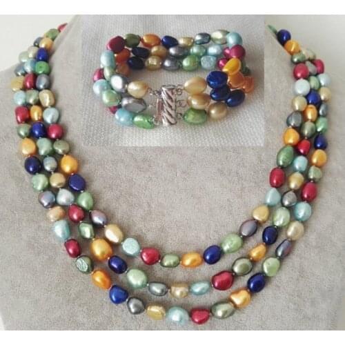 Unique Pearls jewellery Store 3rows 8-9mm Multicolor Freshwater Pearl Necklace Bracelet Jewellery Set Charming Women Party Gift