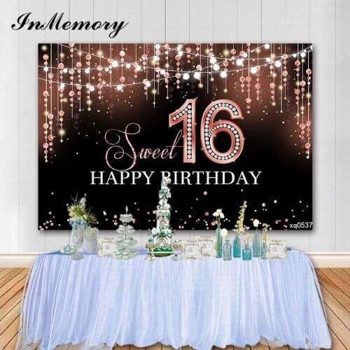 InMemory 16th Birthday Party Photographic Background Diamond Glitter Girl Birthday Party Photo Backdrops Customized Vinyl Banner