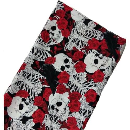 Vintage Punk Cool Red Rose Flower Skull Skeleton Printed Cotton Fabric 50x105cm Skull Fabric Patchwork Cloth Dress Home Decorati