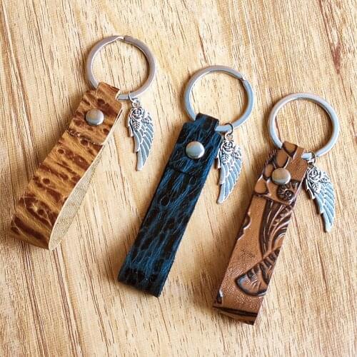 Vintage Angel Wing Charms Embossed Genuine Leather Handle Keychains Car Key Rings Dad Gift