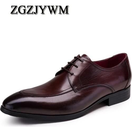 ZGZJYWM Fashion New Black /Red Oxfords Formal Dress Lace-Up Pointed Toe Genuine Leather Business Man Wedding Shoes