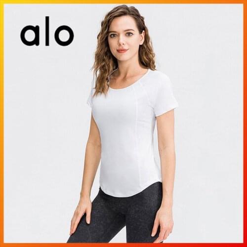 ALO Yoga Womens T-shirt Breathable Mesh Top Yoga Tops Running Fitness Clothes Sports Short Sleeve Workout Training Top 02216