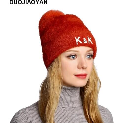 DUOJIAOYAN Winter Warm New Wool Hat Women Curling Pointed Cap Hair Accessories Knitting Mink Fur Rabbit Hat Thickened Wool Cap