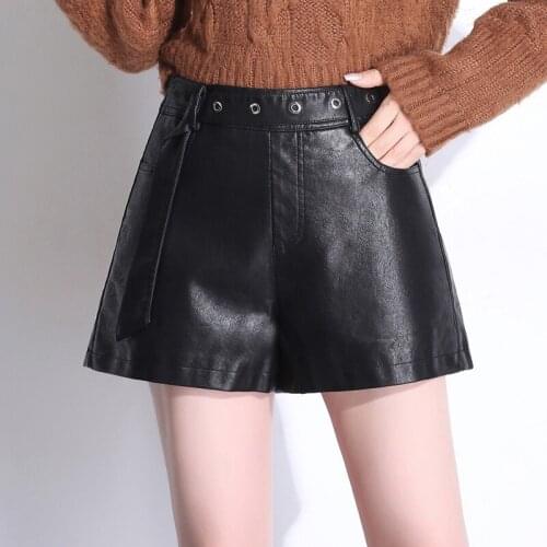 Winter Fall Woman High Waisted Black Faux Pu Leather Sash Shorts , Spring Women Fashion Stylish 3xl Slim Wide Leg Loose Shorts