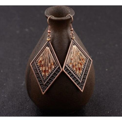 Womens Ethnic Silk Rhombus Alloy Beads Drop Earrings Fashion Jewelry Vintage Gypsy Boho Earrings Oorbellen Jhumka