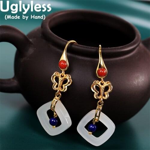 Uglyless Hollow Butterfly Earrings for Women Square Circles Earrings Natural Jade Agate Lapis Gemstones Brincos 925 Silver Jewel