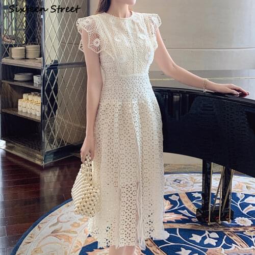 2021 Summer Dresses Woman Beige Lace Runway Design High Waist Party Dress Vestidos Luxury Sleeveless Hollow Self Dress Female