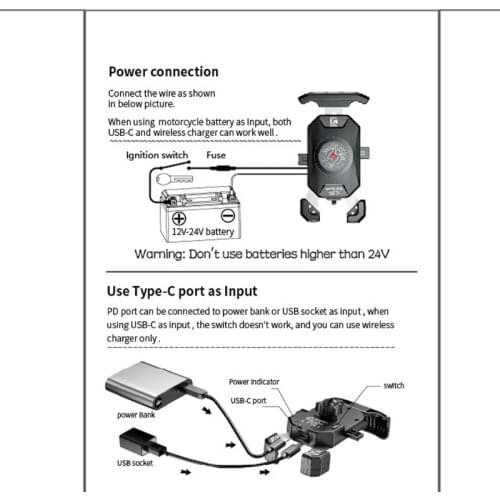 12V Motorcycle Rear-view Mirror Wireless Qi/USB C 20W Phone Charger Holder Mount for 3.5 to 6.5 inch Cellphones Mobile R2LB