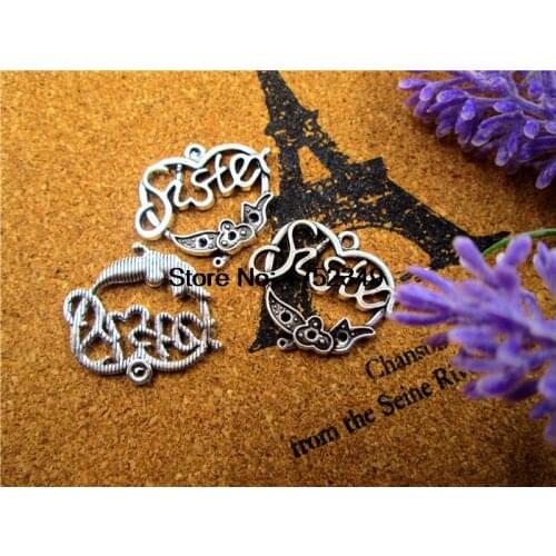 15PCS - Sister charms, Antique Silver sister heart charm Pendants, Jewelry Making 26x24mm