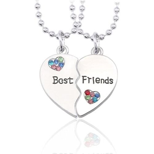 2 Pcs/Set Best Friends Pendant Necklaces Peach Borken Heart Necklace Inlaid Rhinestone Heart Necklaces charms Jewelry