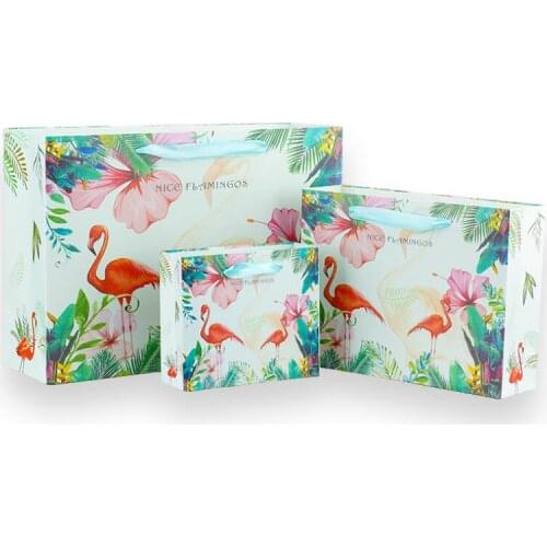 20pcs/lot New Style Flamingo Printing Paper Bag White Card Color Printing Film Coated Gift Bag Widen Portable Shopping Bags