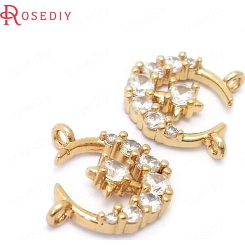 39105)6PCS 12.5MM 24K Gold Color Brass and Zircon 2 Holes Moon Connect Charms Pendants Jewelry Making Supplies Diy Accessories