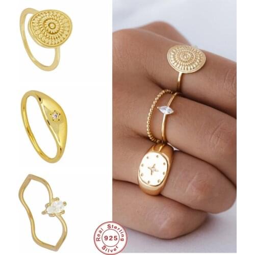 GS 925 Sterling Silver Gold Flower Round Plate Rings For Women Gift Wave Line Zircon Crystal Finger Ring Party Fine Jewelry