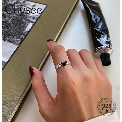 Ckysee 2021 New 925 Sterling Silver Ring Black Love Heart Adjustable Rings For Women Jewelry Vintage Rings Ladies Fine Jewelry