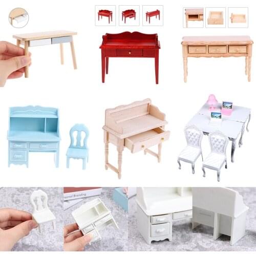 1 Set 1/12 Wooden Desk Writing Study Desk Computer Chair School Desk Furniture Model Toy Dollhouse Decor