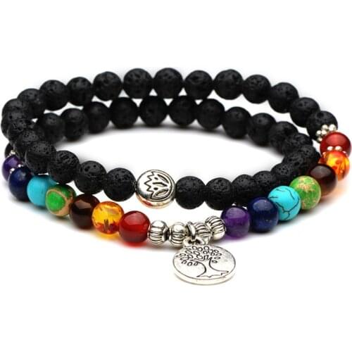 DIEZI Multicolor 7 Chakra Tree Of Life Charm Bracelets Lava Stones Beads Strand Bracelet Women Yoga Men Bracelets Bangles