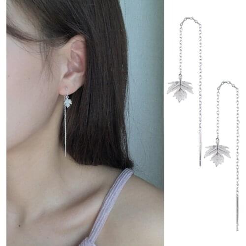 Exquisite Simple Leaf 925 Sterling Silver Long Earrings Ear Line Women Jewelry boucle d'oreille High Quality Plant Bijoux Femme