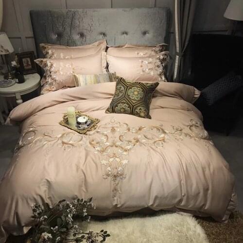 Coffee 100S Egyptian Cotton Luxury Royal Embroidery Bedding Set 4pcs King Queen Wedding Bed Sheet Cover set Duvet Cover golden