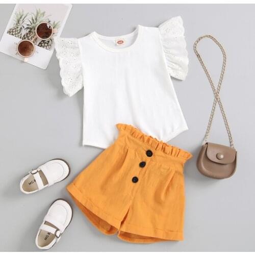 FOCUSNORM 2-7Y Summer Toddler Girls Clothes Sets 2pcs Ruffles Lace Short Sleeve Solid T Shirts High Waist Shorts