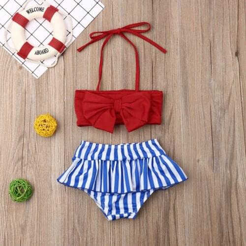 2021 Toddler Girl 2 Pieces Swimsuit Outfits Solid Color Halter Bow Crop Tops+Ruffle Striped Shorts Bathing Suit