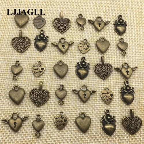LJJAGLL 20pcs Bronze Metal Mix 6Kinds Hearts Pendants Jewelry Diy Charm Love Heart Jewelry Findings Fit Bracelet Making AAX015