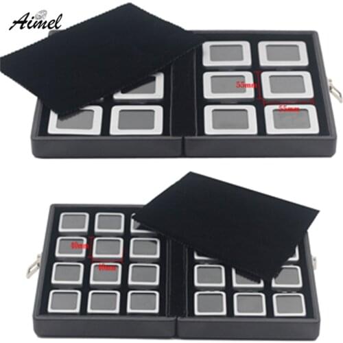 Metal Diamond Storage Box With Black PU Travel Case 12Pcs/24Pcs Gemstone Beads Coin Jewelry Organizer Box Medal Gem Showcase