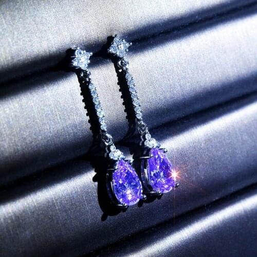 Fashion S925 Sterling Earrings For Women Accessories Vintage Crystal Purple Water Drop Earrings Lady Engagement Party Bijou