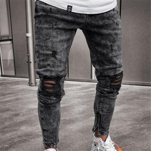 2021 Biker Jeans Mens Distressed Stretch Ripped Biker Jeans Men Hip Hop Slim Fit Holes Punk Denim Jeans Pants Zipper jeans