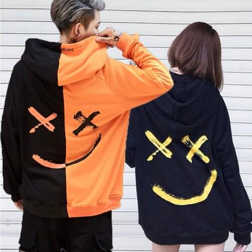 Mens Smile Hoodies Winter Hip Hop Print Oversized Sweatshirts Fashion Patchwork Unisex Couple Streetwear Men Women Hoodies