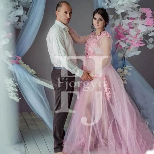 Adorable Long Sleeve Applique Flowers Sheer Pink Tulle A-Line Maternity Dresses Custom Made Bridal Gowns Open Front Robes 2021