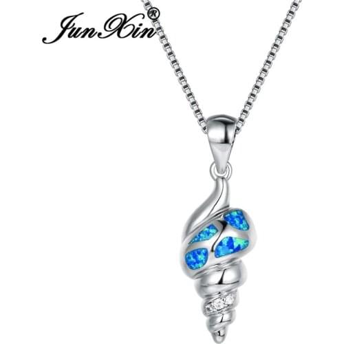 JUNXIN Ocean Blue White Fire Opal Necklace Shell Conch Pendants For Women Silver Color Bar Necklaces Wedding Gifts