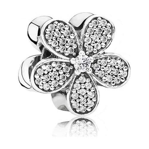 Real 925 Sterling Silver Beads Charm Shining Daisy Crystal Charm Fit Pan Bracelet Bangle DIY Women Jewelry 2020
