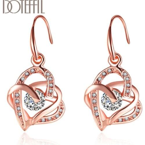 DOTEFFIL 925 Sterling Silver Rose Gold Heart-Shaped AAA Zircon Earrings Charm Women Jewelry Fashion Wedding Party Gift