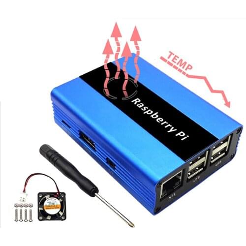 Blue Aluminum Case for Raspberry Pi 3 with Cooling Fan Shell Compatible with Raspberry 2 B