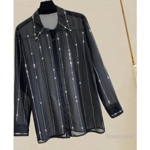 Rhinestone Chiffon Shirt Womens Long Sleeve Summer Light Diamond Loose Top Thin Blouse Girls Ladies Streetwear Blusas 2021
