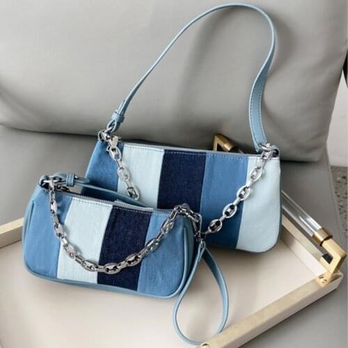 Retro Fashion Womens Underarm Bag Denim Stitching Ladies Small Shoulder Handbag Simple Canvas Female Portable Purse Armpit Bags