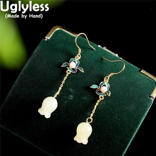 Uglyless Lily of the Valley Flowers Earrings Women Natural Jade Dangle Earrings Enamel Vintage 925 Silver Jewelry Pearls Brincos