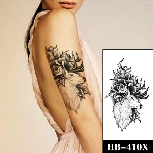 Waterproof Temporary Tattoo Stickers Cute Elk Black Antlers Flowers Leaves Fake Tattoos Flash Tatoo Arm Body Art for Women Men