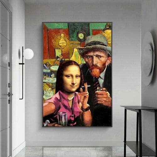 Funny Art Mona Lisa and Van Gogh Smoking Canvas Paintings Wall Art Posters and Prints Da Vinci Famous Paintings for Living Room