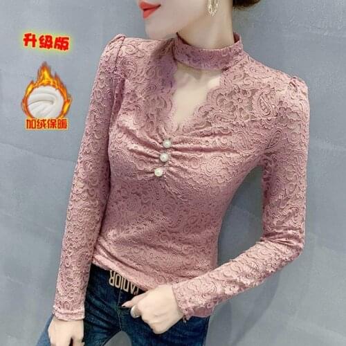 Women Blouse Womens Autumn Winter Sexy Hollow Lace Shirt Womens Long-Sleeved Turtleneck Top Blusas Ropa De Mujer