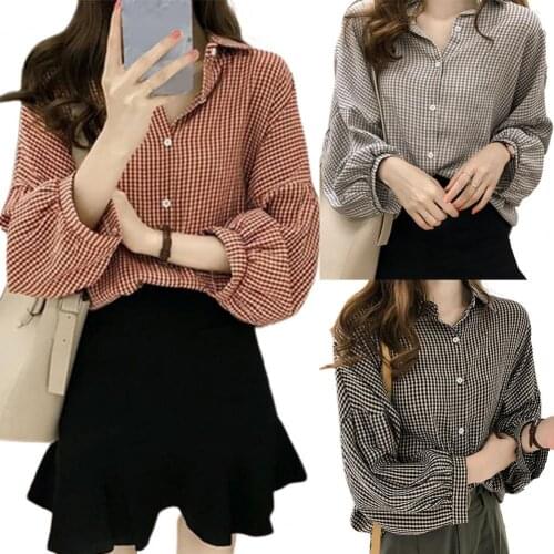 Women Breathable Stretchy Shirt Women Korean Loose Blouse Long Sleeve Black Plaid Shirt Casual Top baju wanita lengan panjang
