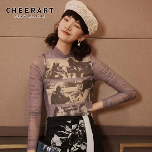 Cheerart Long Sleeve Mesh Top Women Turtleneck See Through Letter Printed Tshirt Transparent Top Purple Graphic T Shirts Fashion