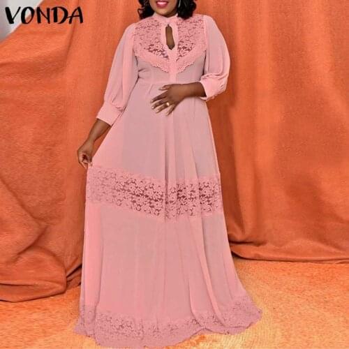 Women Elegant Lace Hollow Long Maxi Dress 2021 VONDA Summer Sundress Zipper Ruffled Floor-Length Dress Casual Vestido